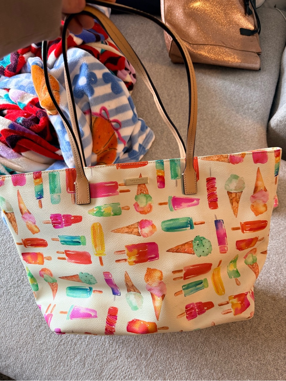 kate spade cream tote with colorful popsicle & ice cream print